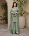 Olive Radiance Heavy Silver Embroidered Silk Sharara Suit