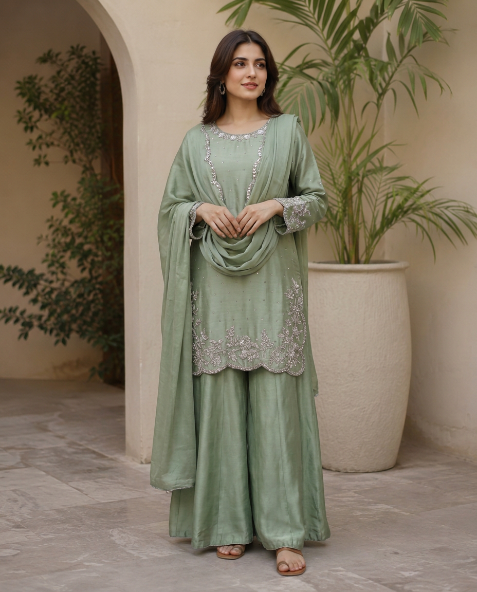 Olive Radiance Heavy Silver Embroidered Silk Sharara Suit