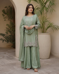 Olive Radiance Heavy Silver Embroidered Silk Sharara Suit