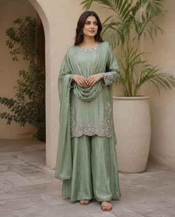 Olive Radiance Heavy Silver Embroidered Silk Sharara Suit